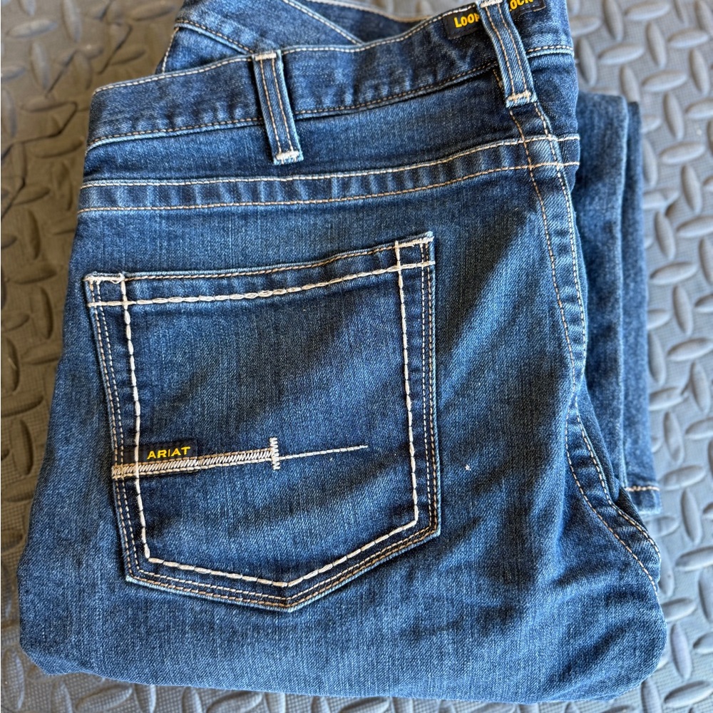 40x 32 Ariat Rebar Straight Leg Indigo Denim Jeans with Contrast Stitching